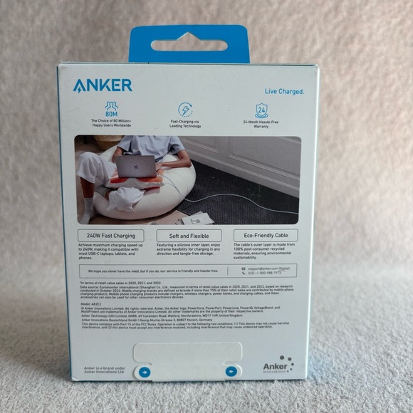 Anker 6ft 240w USB-C Phone Charging Cable Charger Cord Light Blue iPhone Android - Picture 2 of 3